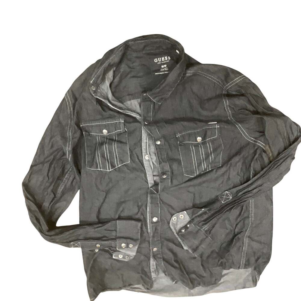 GUESS Men's Dark Charcoal Grey Long Sleeve Snap Button Utility Shirt